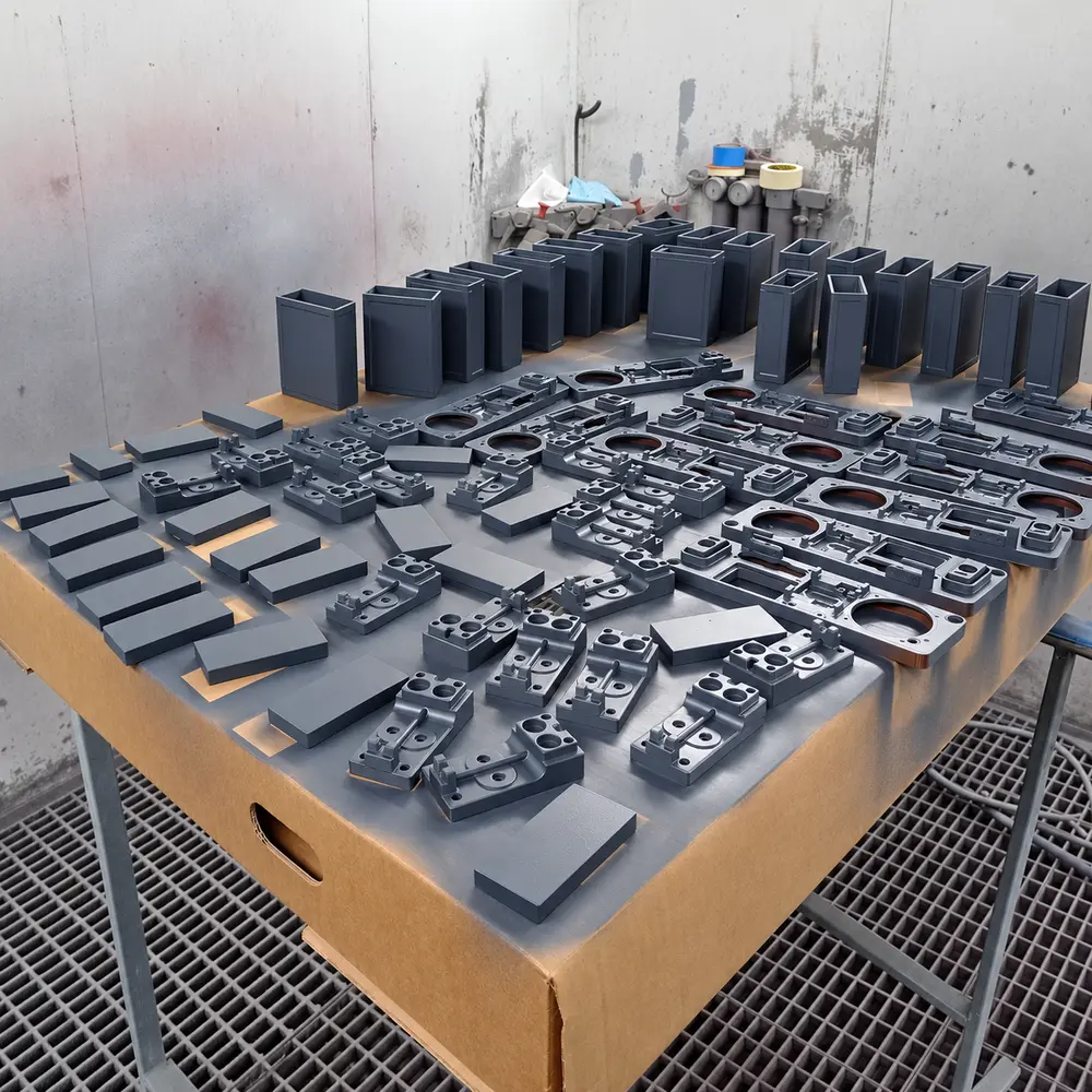 Finished components in a paint and powder coating workshop