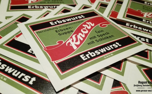 Nicely designed labels of Erbswurst Erbsensuppe (pea soup) packages.