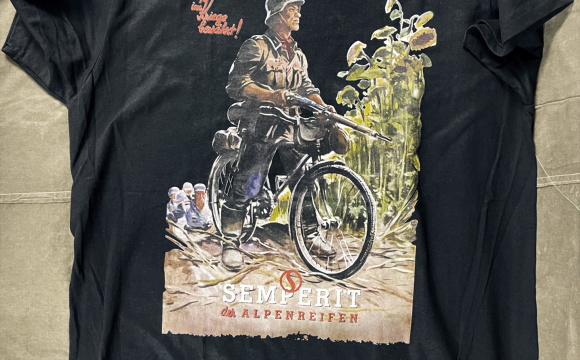 Black T-shirt with famous bike illustration from original poster Semperit.