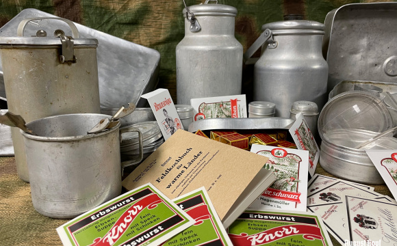 Big set of kitchen utensils - aluminium cans and containers accompanied by repro spice packages (empty), food labels and Maggi bouillons.