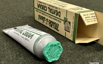 Milk-i-Dent reproduction tooth paste, with actual content - ideal for your reenactment personal hygiene kit.