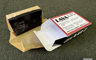 Handmade black soap, wrapped in parchment paper and packed in a vintage 1940’s reproduction box.