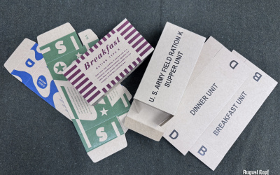 Cardboard set consists of 6 packages (3 external and 3 internal) for meals - breakfast unit, dinner unit and supper unit.