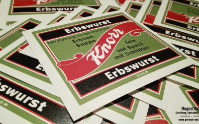 Nicely designed labels of Erbswurst Erbsensuppe (pea soup) packages.