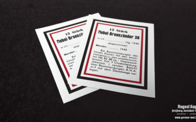 Set of paper labels for metal or paper box 15 Stück Nebel-Brennzünder 38 (smoke grenades).
