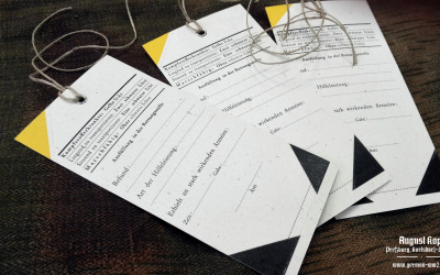 Medical tags worn by soldiers through (second) button hole, possibly in hospitals, lazarets.