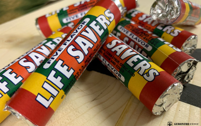 Reproduction of WW2 era hard candy, procured also by the US Army! Our reproduction contains ring shaped fruit flavored hard candy, exactly as the real thing! Actual edible content, sold for display use.