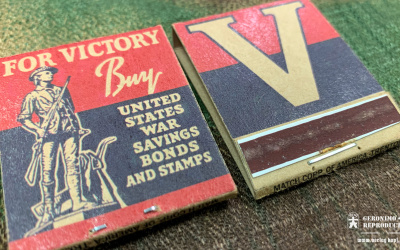 Reproduction matchbook with patriotic designs, practical morale boosters.
