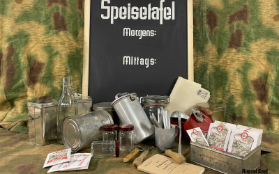 Big set of kitchen utensils - aluminium cutlery and zinc containers accompanied by repro spices freshly repacked in our repro design packages.