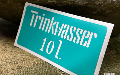Plastic sticker stencil for less common Trinkwasser canisters.